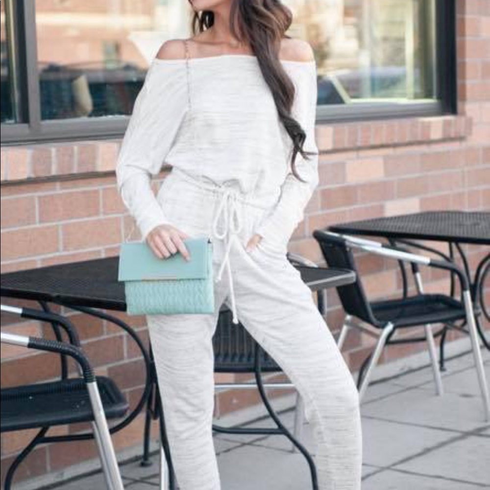 NanaMacs Off-Shoulder Cream Knit Jumpsuit